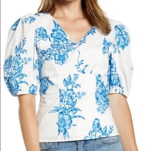 New Rachel Parcell XS Puff Sleeve Top Blue & White